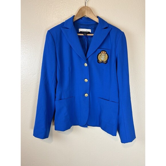 Boston Proper Andrea Behar 12 Blazer Jacket Blue Embroidered Crest Gold Buttons - Picture 1 of 4